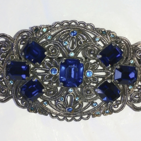 HUGE ART DECO STYLE FILIGREE PIN - ROYAL BLUE GLASS STONES - OVER 3" WIDE - Picture 2 of 8